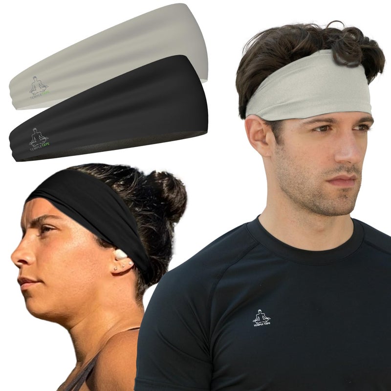 Temple Tape, Value 2-Pack, Mens Headband - Guys Sports Headbands Moisture Wicking Workout Sweatbands for Running, Cross Training, Skiing and Bike Helmet Friendly - 1-Black & 1-Gray Sweatband - Image 1